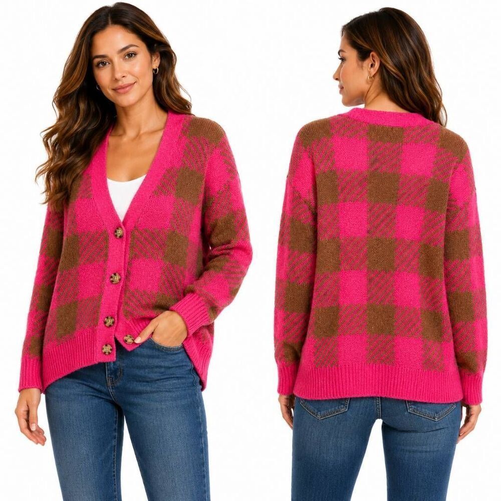 Maurices Medium Pink Brown Plaid Cardigan Sweater